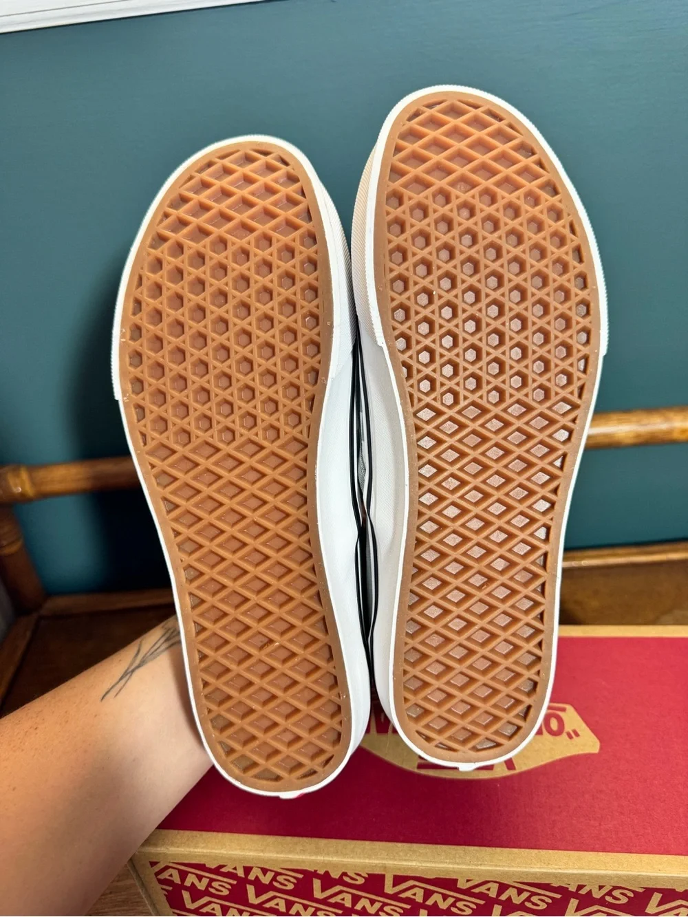 Vans Slip-On Checkerboard Sneakers in Greyish/Teal & White